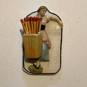 Vintage Bisque Porcelain Match Holder Woman with Basket Wall Hanging Plaque
